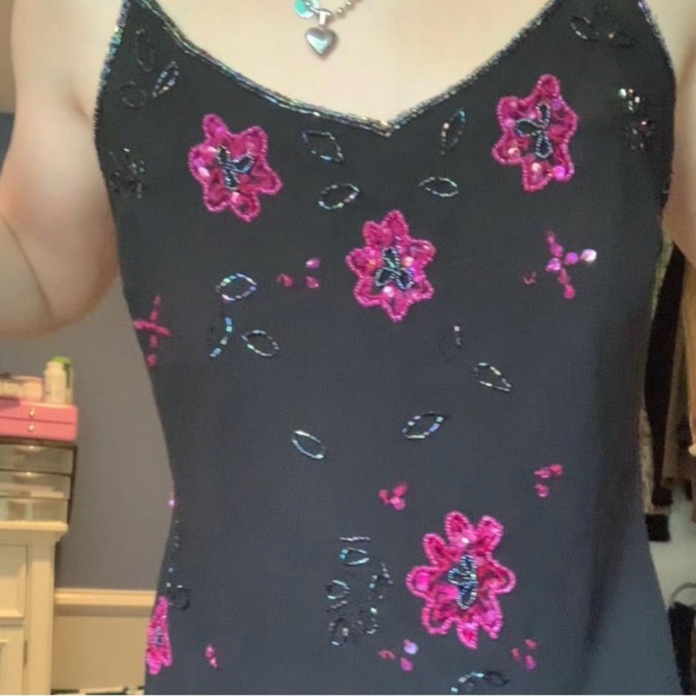 Black Dress with Pink Floral Embellishments